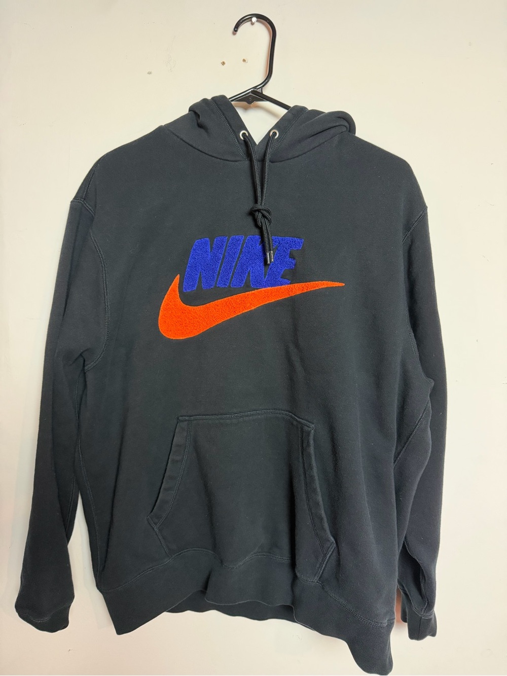 Nike Black Pullover Hoodie Large Embroidered Blue Orange Swoosh Logo